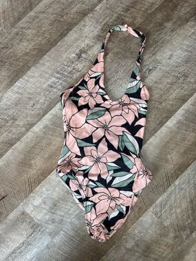 Prince & Fox Pink Floral Halter Bodysuit with Green Leaves